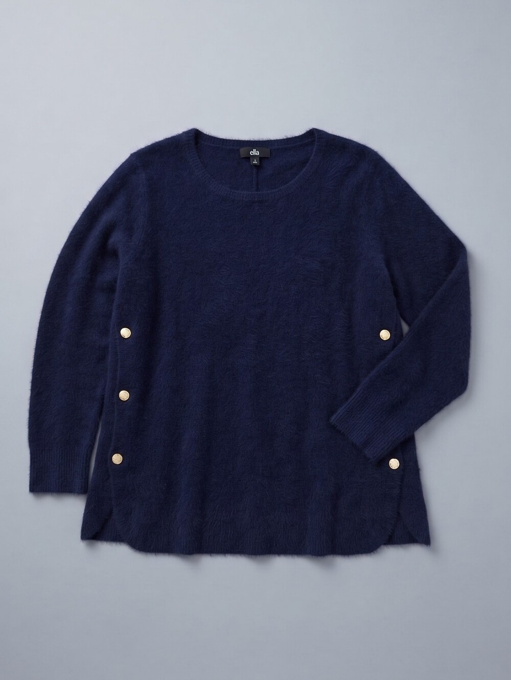 Ellos Navy Blue Fuzzy Side Button Tunic Sweater Size Large Gold Tr